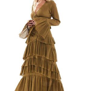 ASOS DESIGN crepe v-neck maxi with tiered skirt, lace detail in olive size 12